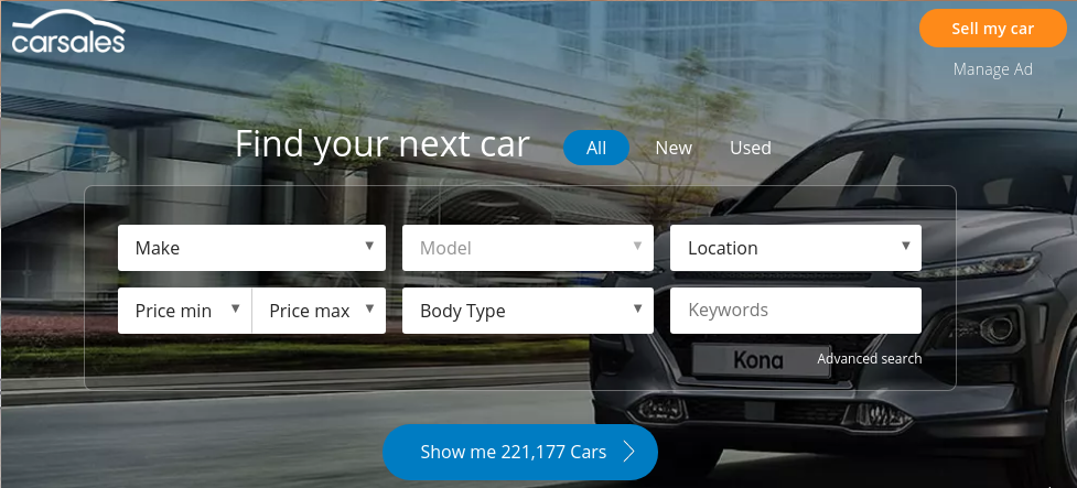 carsales.com.au showing the amount of cars for sale